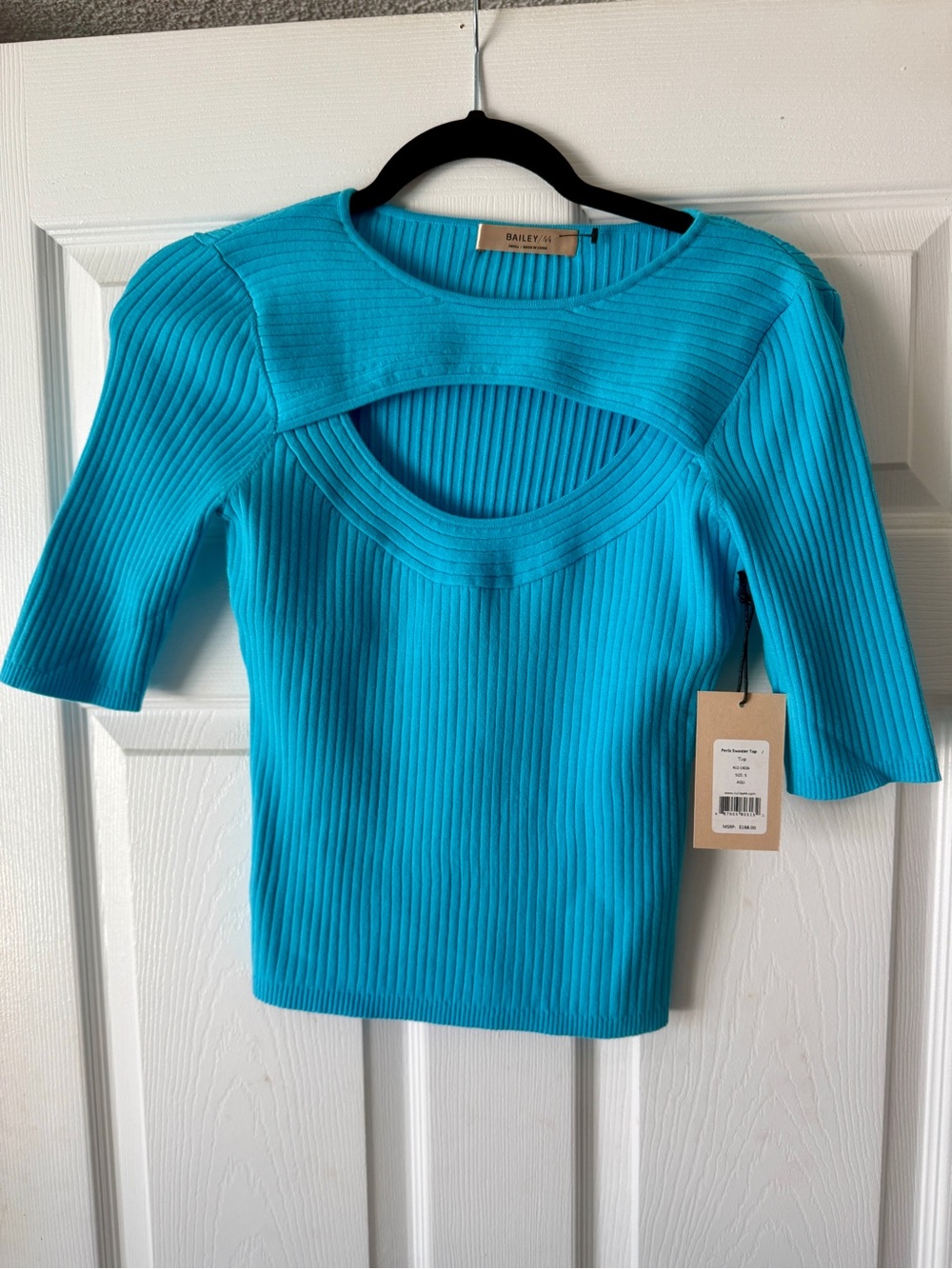 NWT Bailey 44 LaPerla  Cut Out TopSweater Aqua Blue Short Sleeve Size S